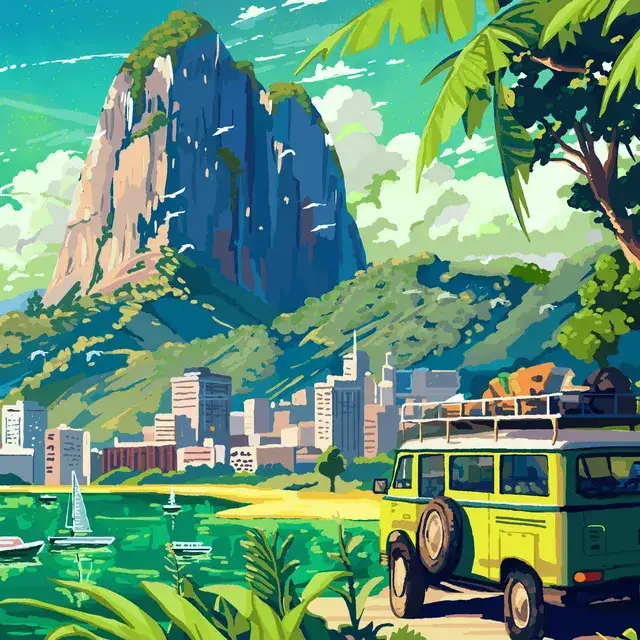 Crazybeans Rio coffee label, mountains with a van