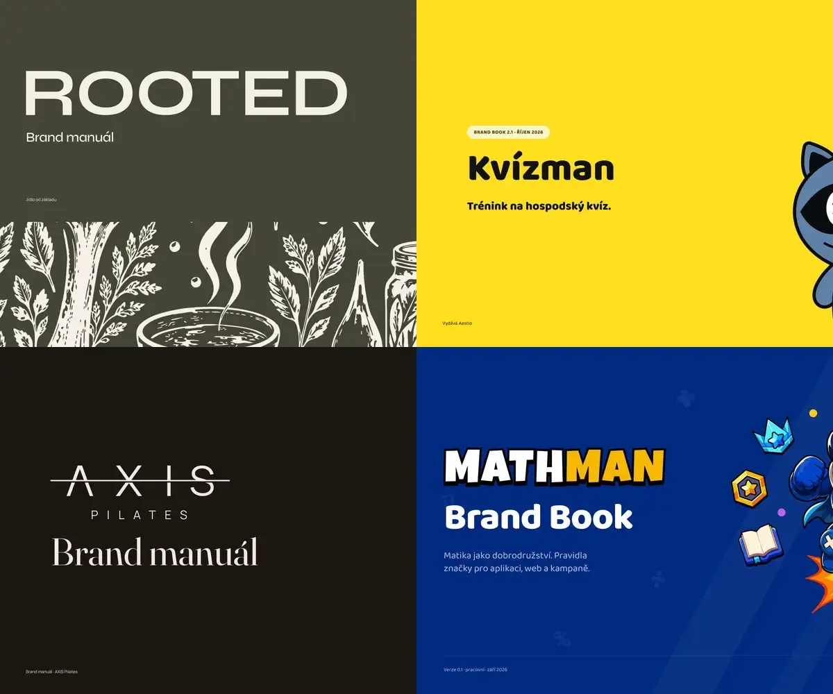 Titulní strany manuálů značek ROOTED, Kvízman, AXIS Pilates a Mathman
