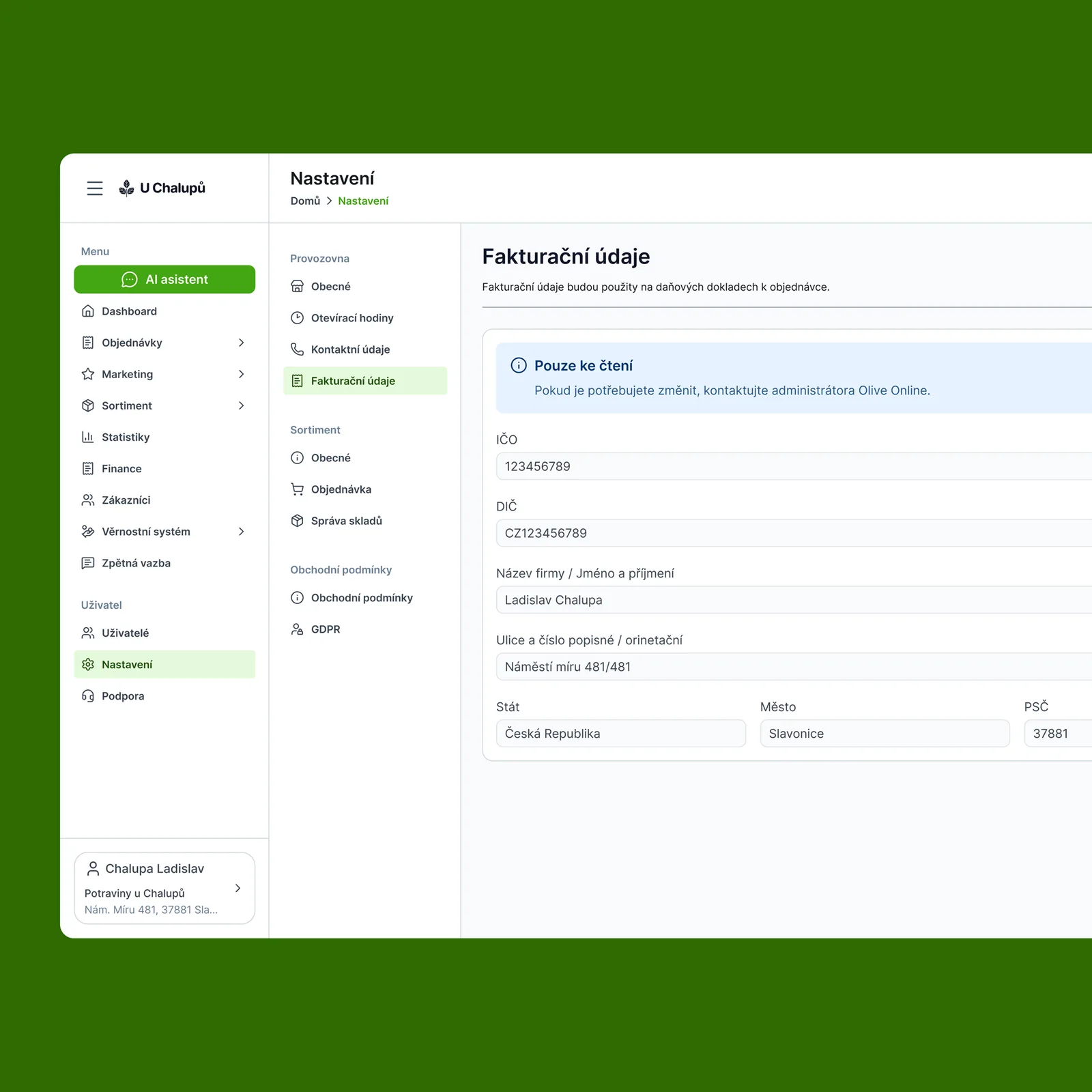 Olive admin – store billing details