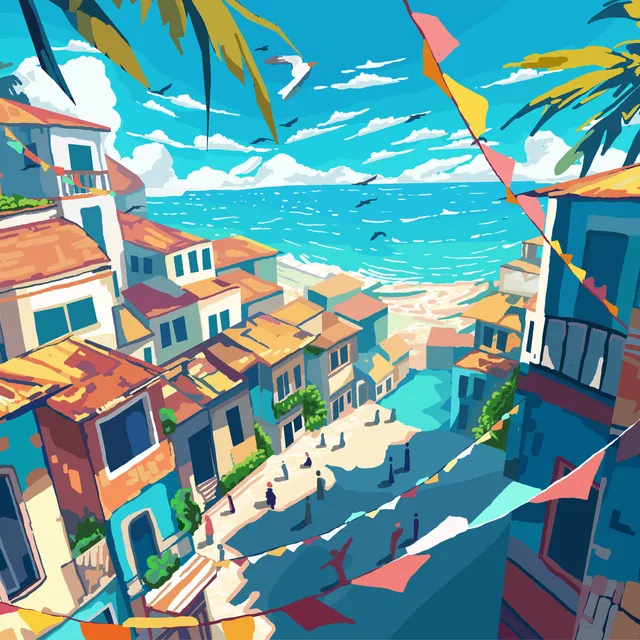 Illustration of a colorful coastal street