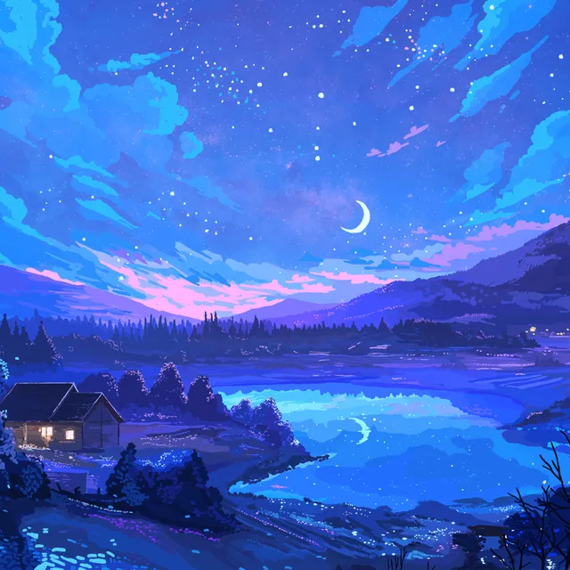Illustration of a night lake with a cabin
