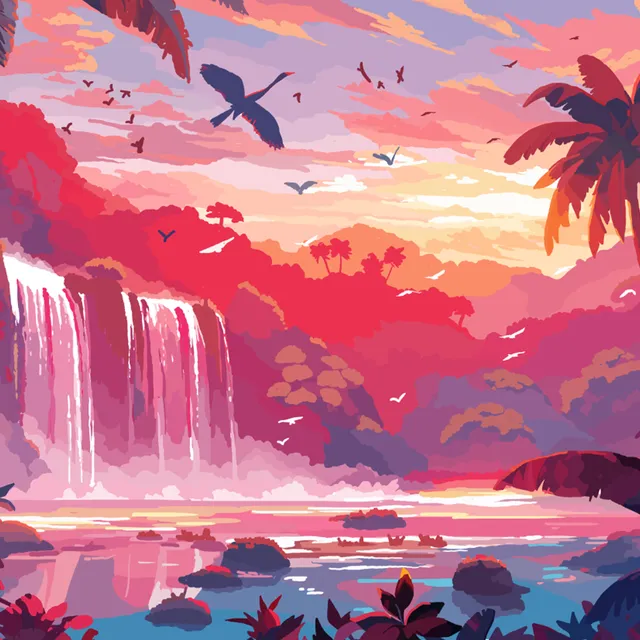 Illustration of waterfalls in pink dusk