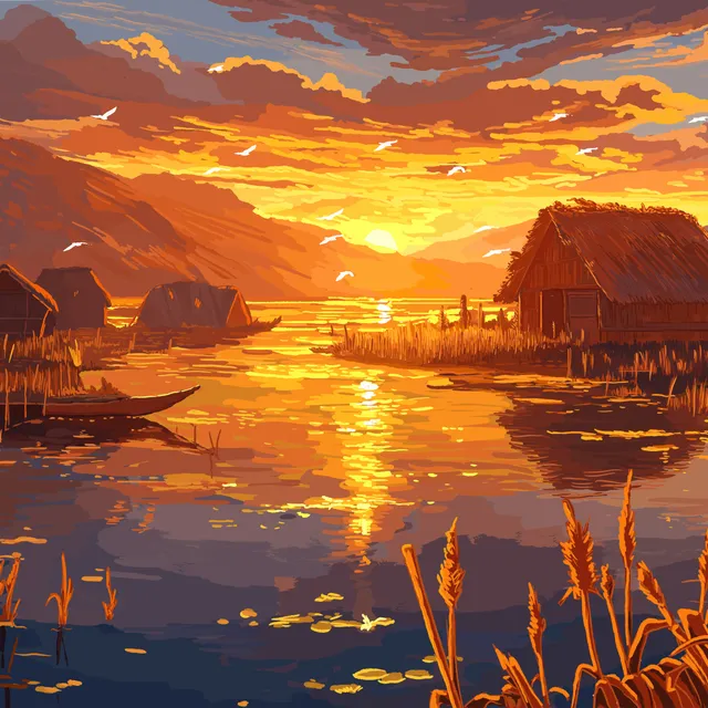 Illustration of wetlands at sunset