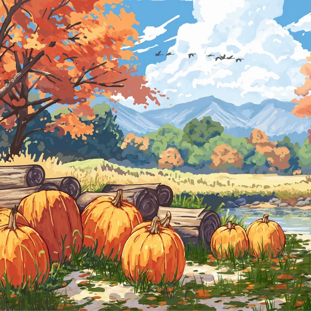 Autumn label illustration – landscape with pumpkins