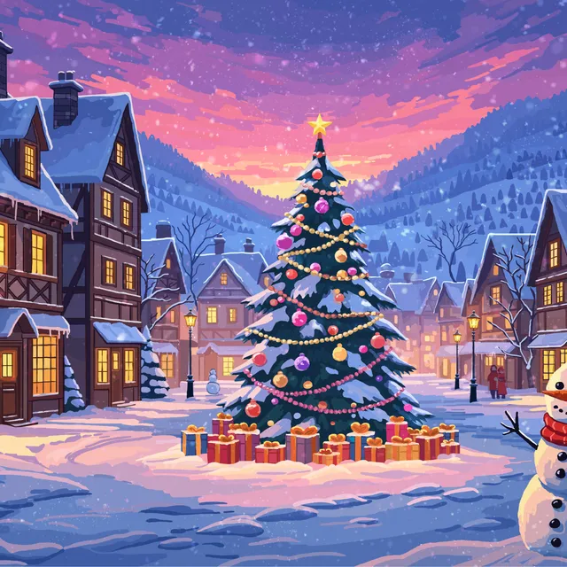 Christmas label illustration – village with a tree