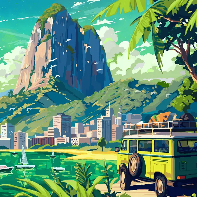 Crazybeans Rio coffee label – mountains with a van