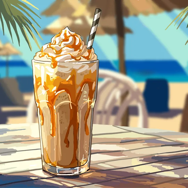 Darka frappé illustration – caramel drink on a beach