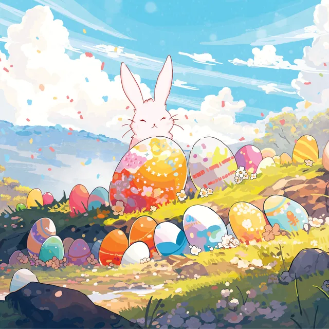 Easter label illustration – painted eggs and a bunny