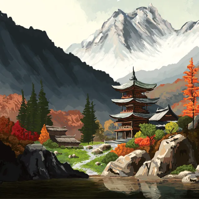 Gyokuro tea label – Japanese pagoda beneath mountains