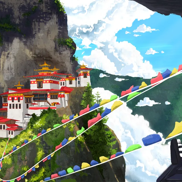 Nepal tea label – mountain monastery with flags