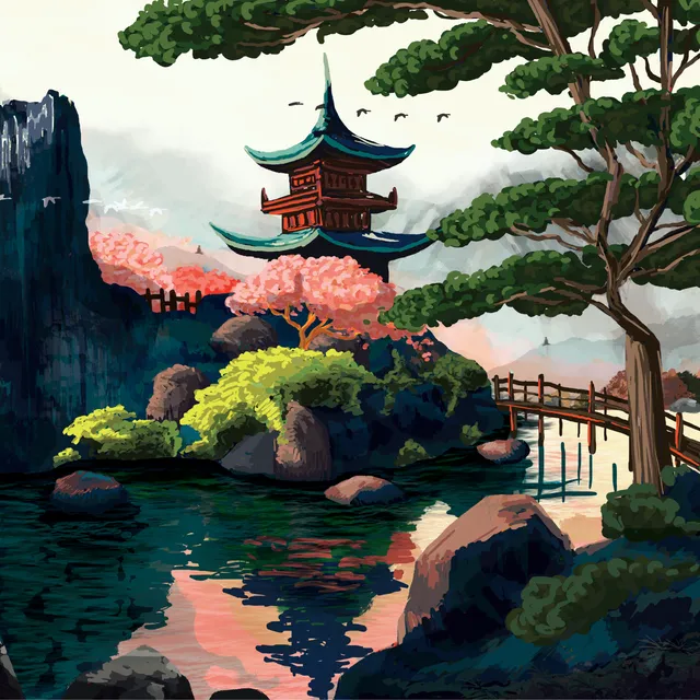 Pu-erh tea label – pagoda by a lake