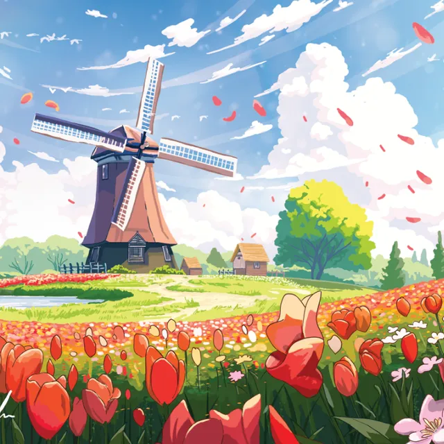Spring label illustration – windmill with tulips
