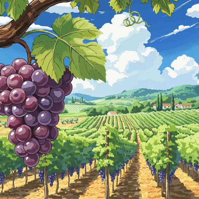Wine label illustration – vineyard with grapes