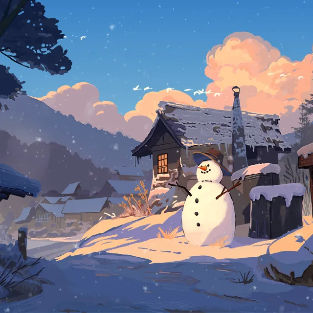 Winter label illustration – cottage with a snowman