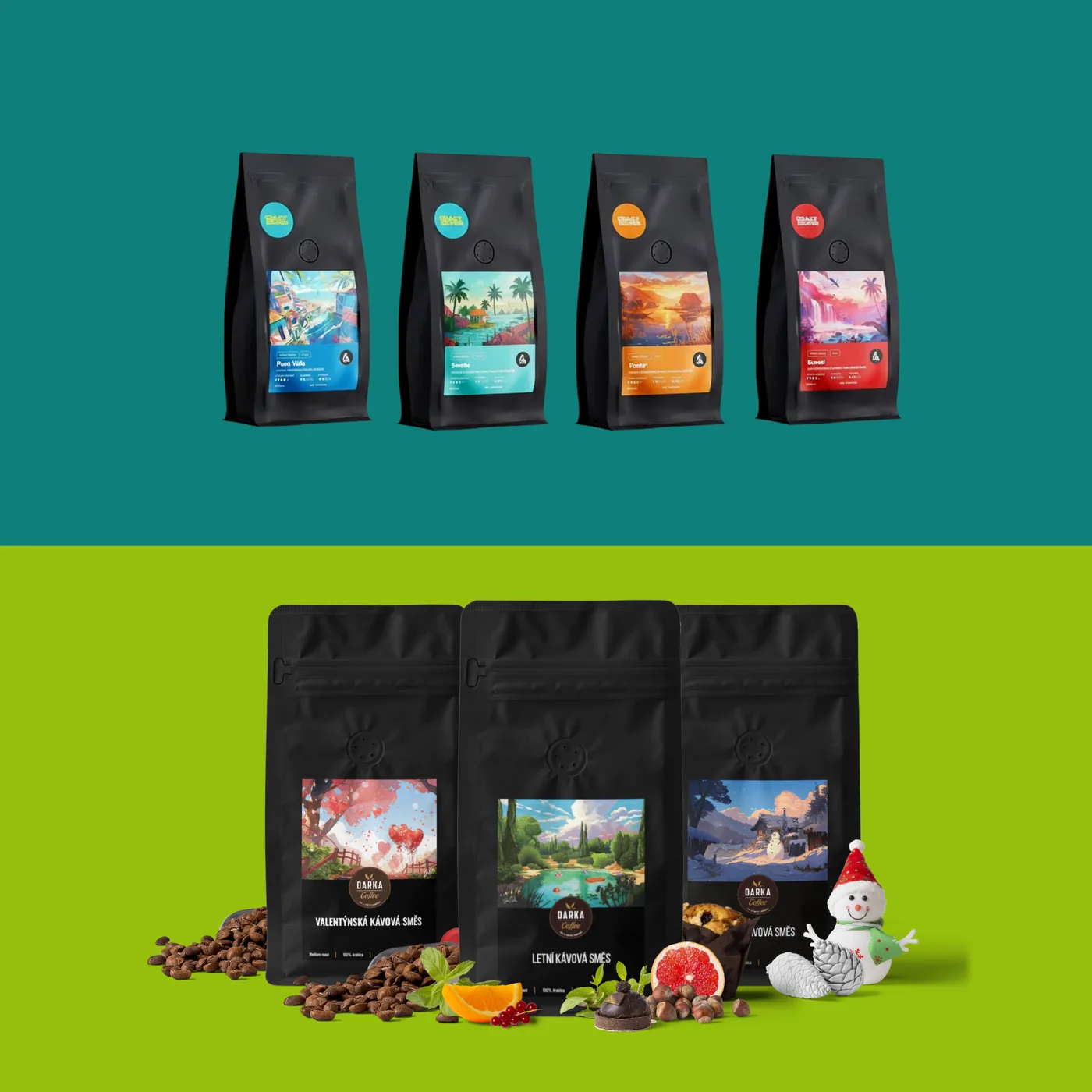 Crazybeans and Darka coffee packaging – bags with illustrations