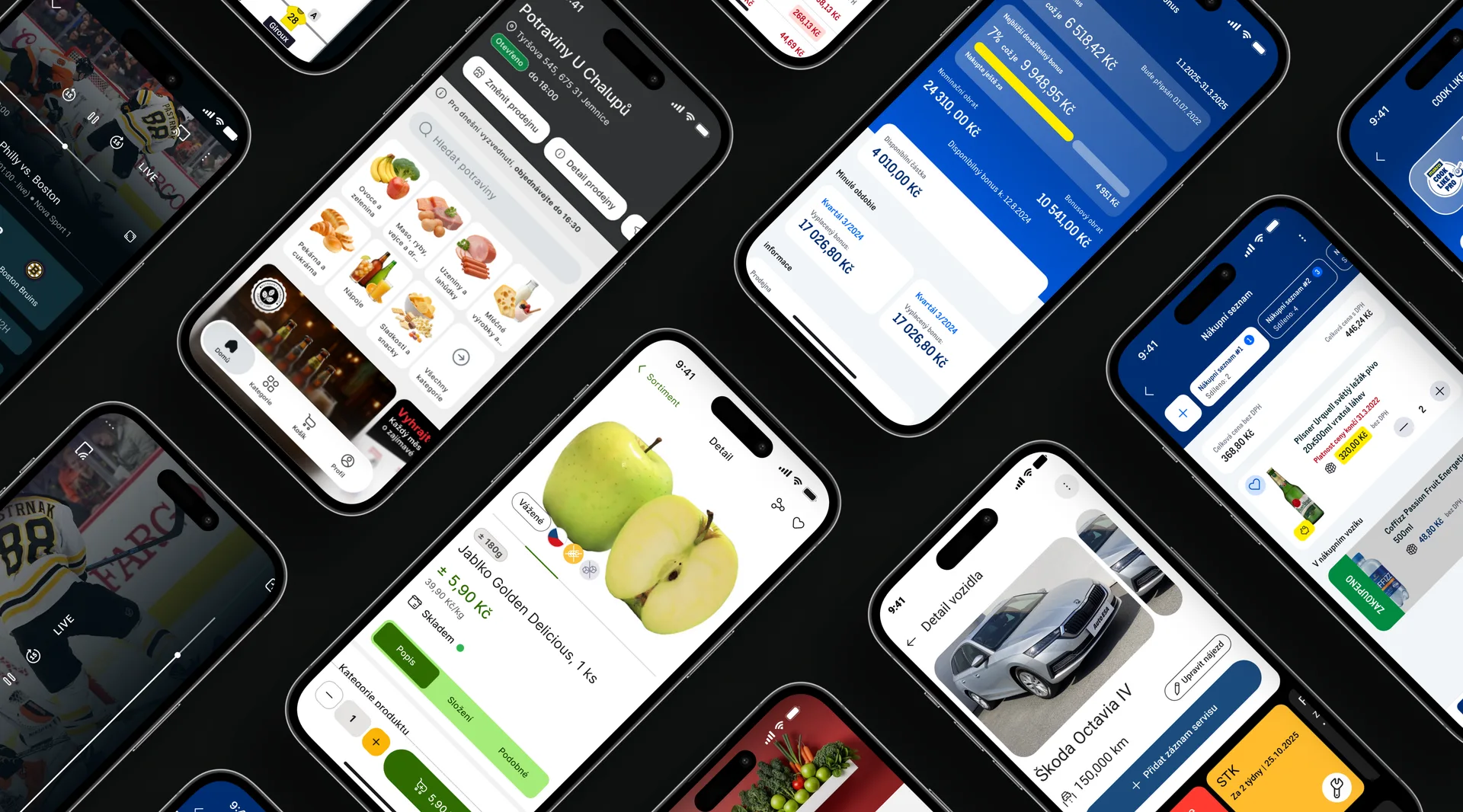 Koláž obrazovek mobilních aplikací – Makro, Olive a další projekty